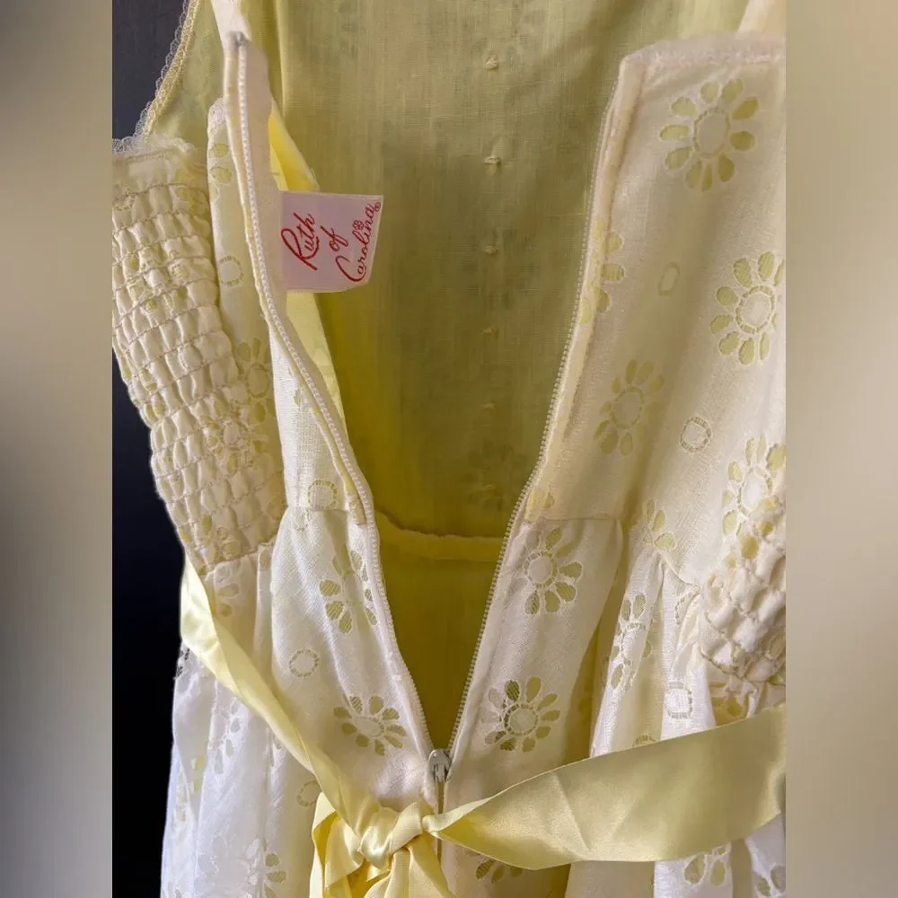 Ruth Of Carolina Vintage White Eyelet Flower Long Yellow Lined Dress 12 Girls 🌼